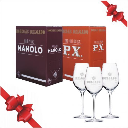 Pack Box 3 Litros Vino Fino Manolo + Box 3 Litros P.X. + 3 Copas Bodegas Delgado